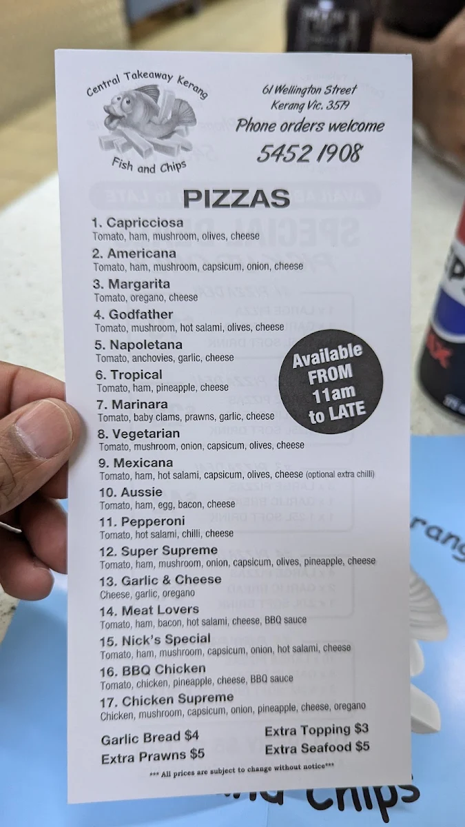 Menu, CENTRAL TAKEAWAY AND PIZZA