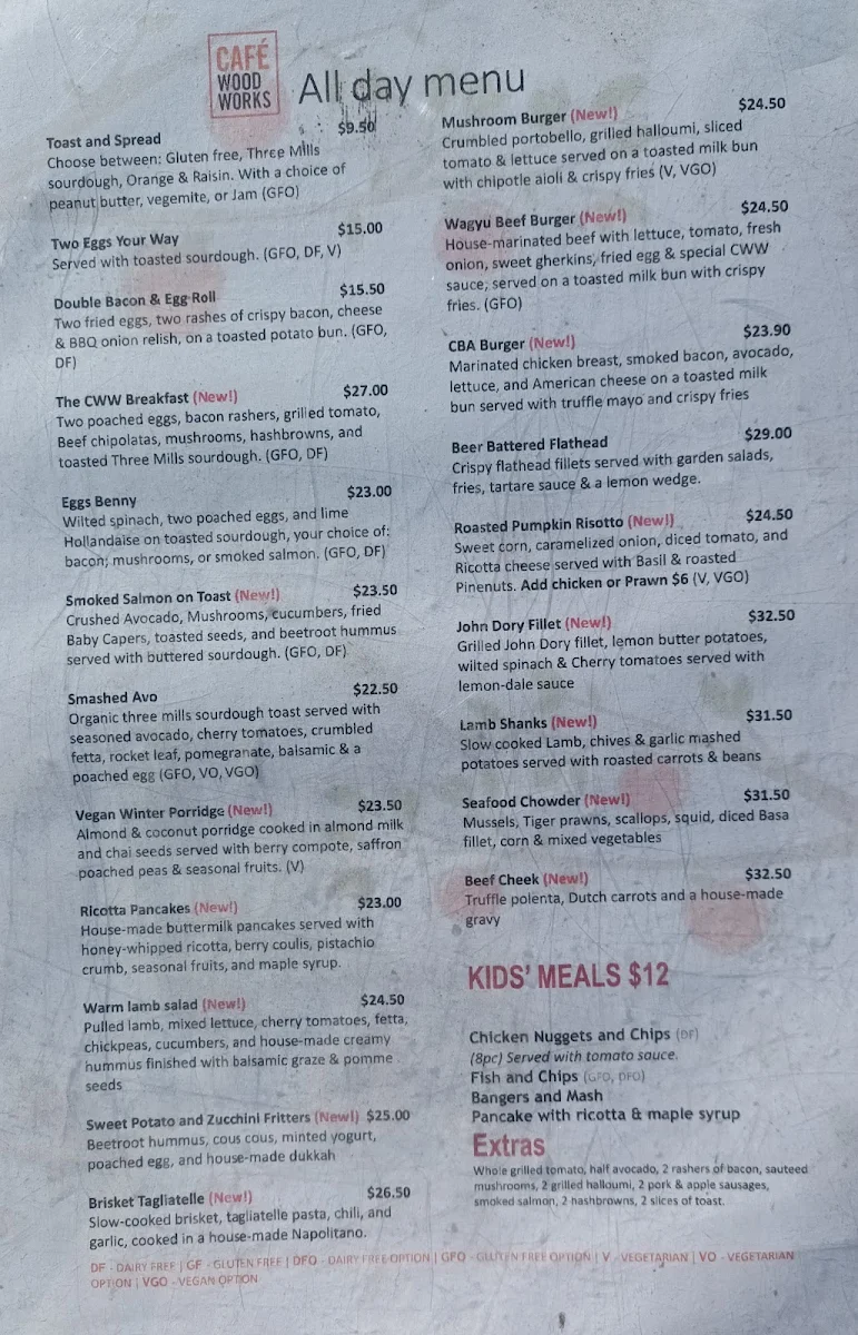 Menu, Café Woodworks