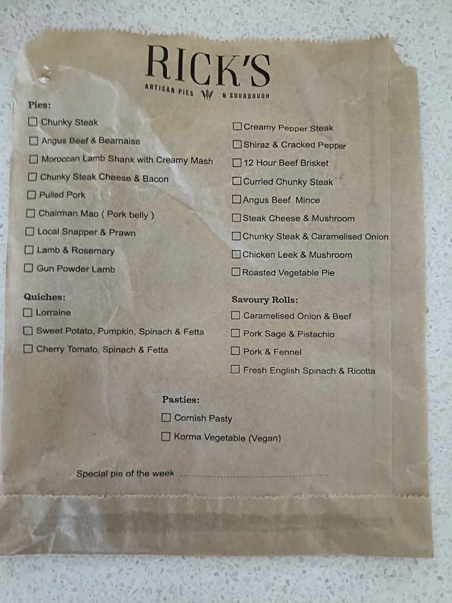 Menu, Rick’s Artisan Pies & Sourdough