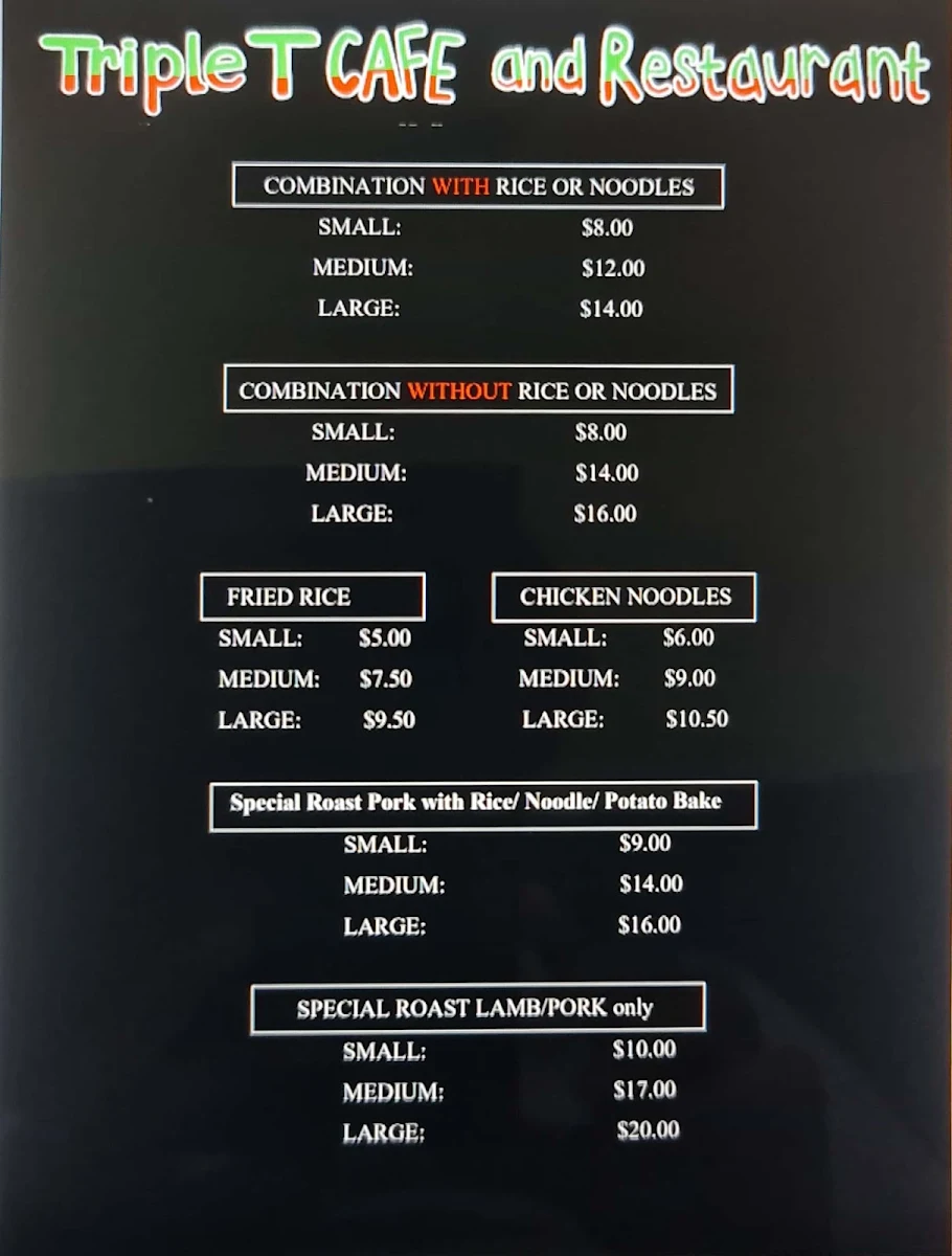 Menu, Triple T Cafe