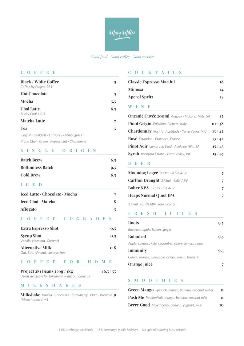 Menu, Mary Miller Cafe
