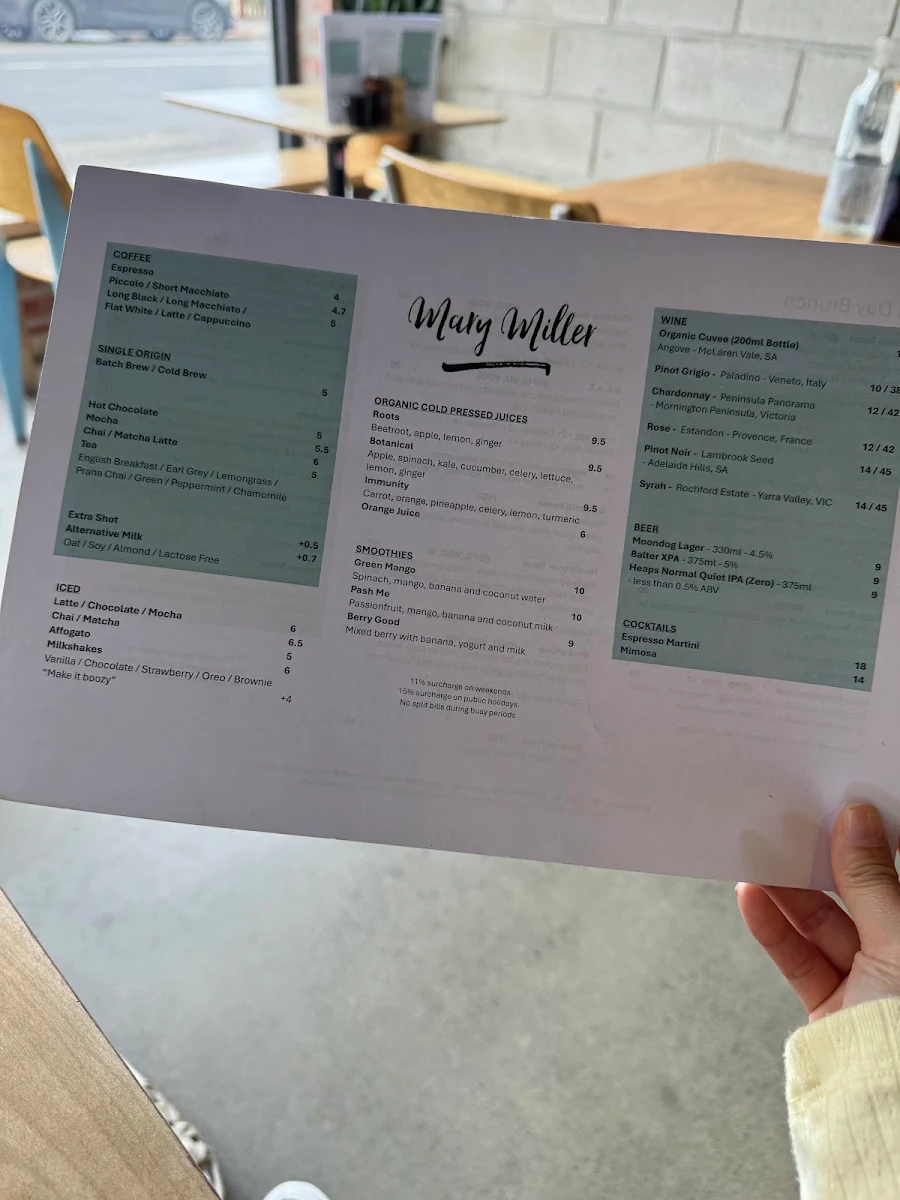 Menu, Mary Miller Cafe