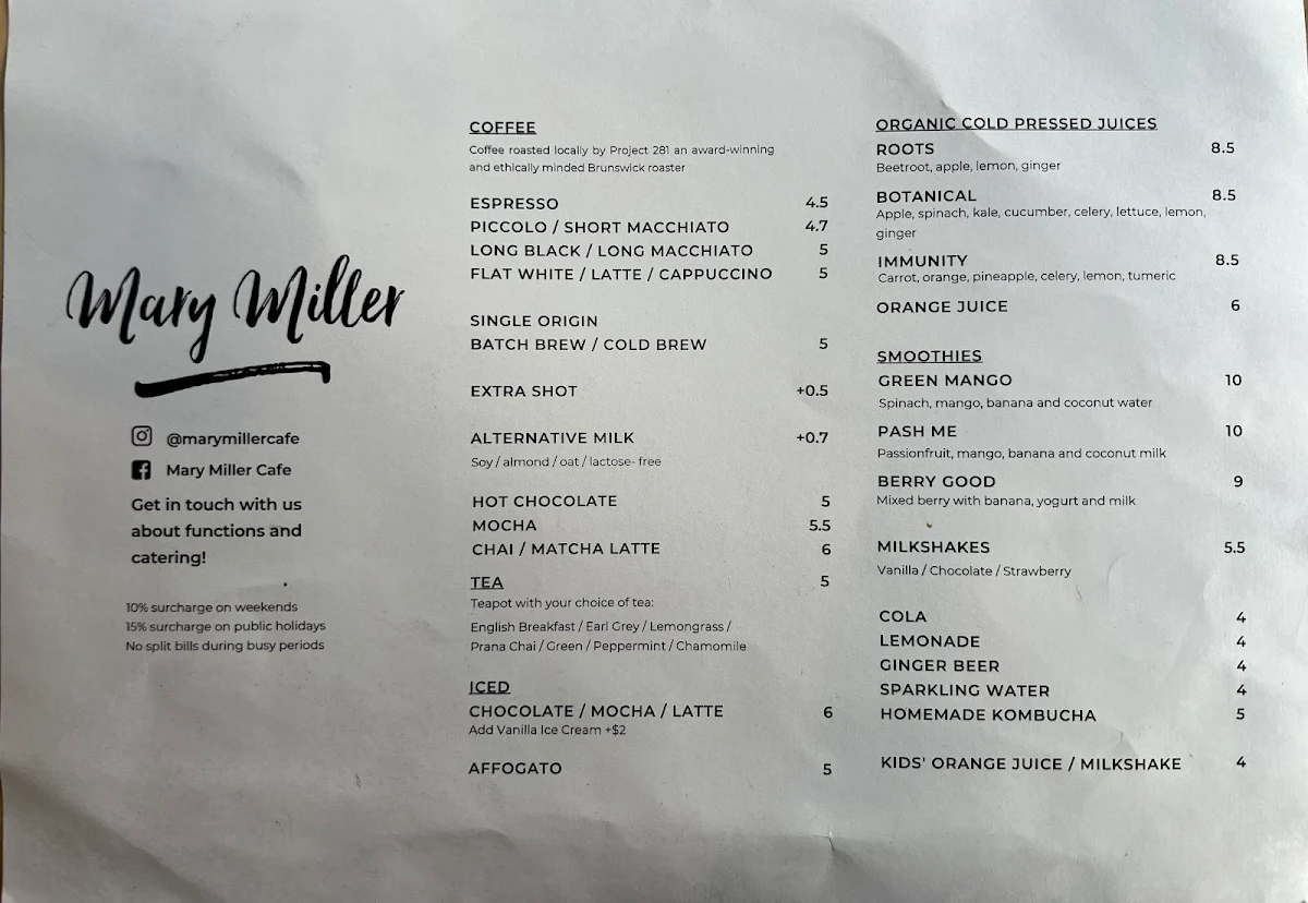 Menu, Mary Miller Cafe