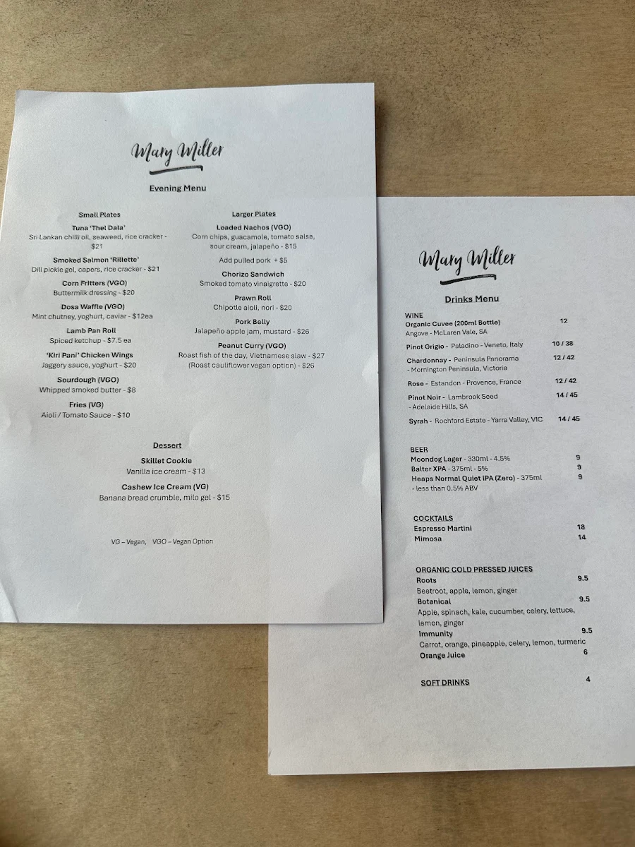 Menu, Mary Miller Cafe