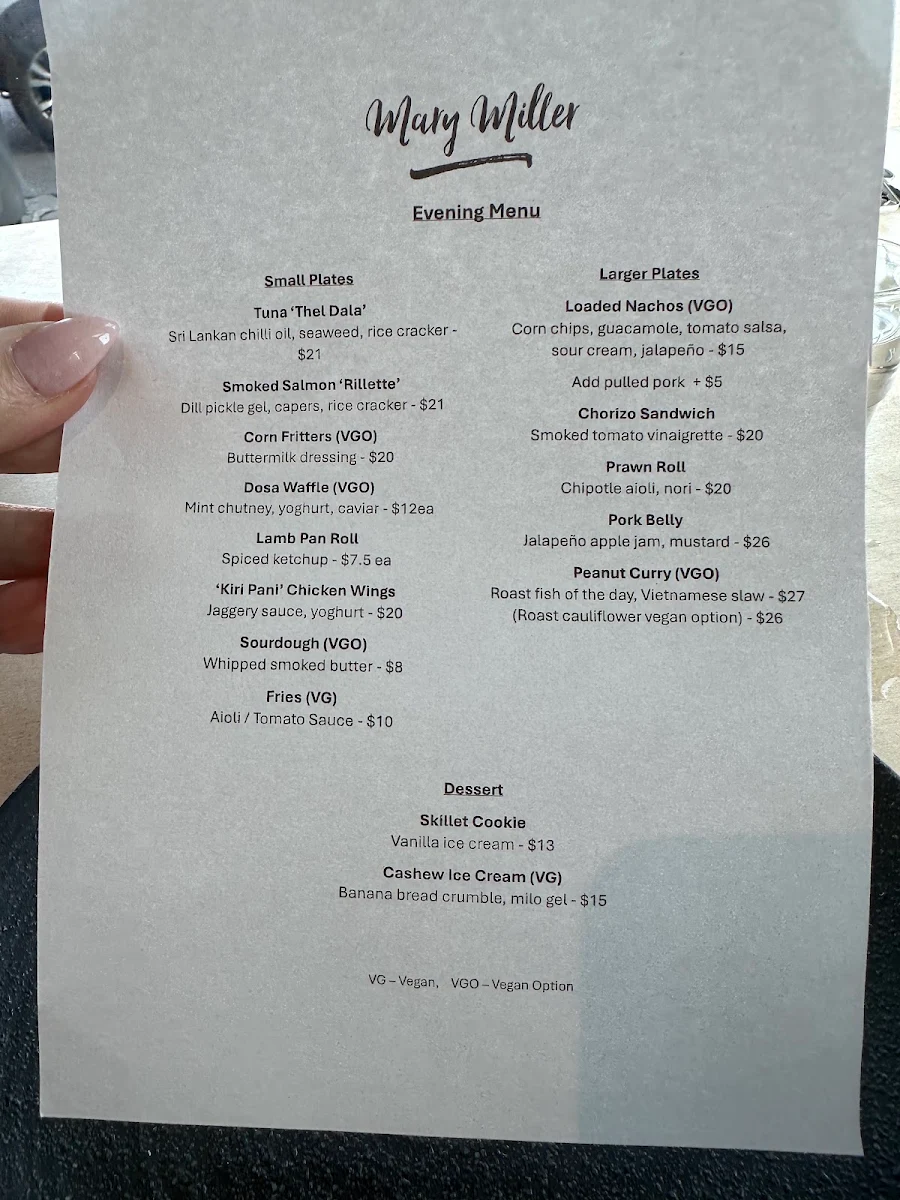 Menu, Mary Miller Cafe