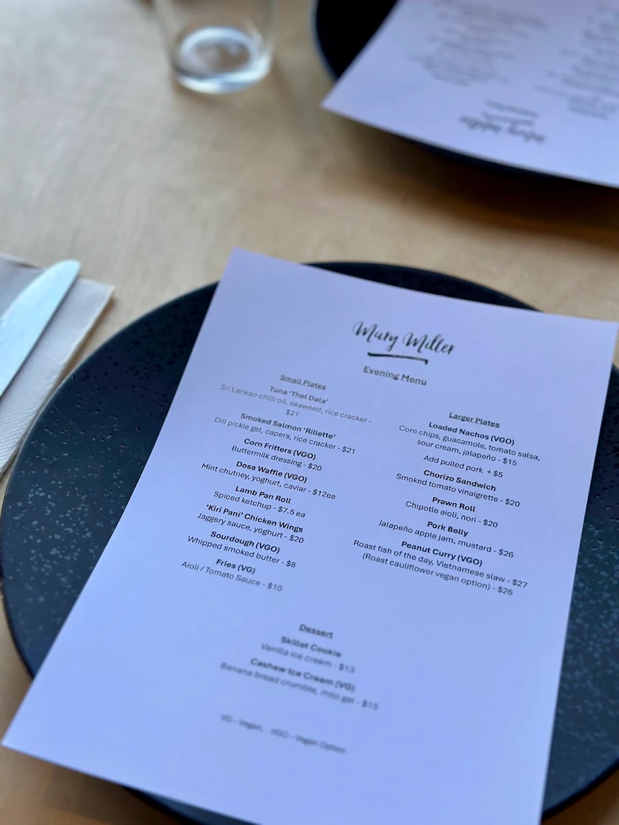 Menu, Mary Miller Cafe