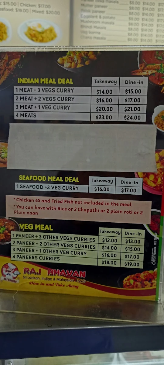 Menu, Raj Bhavan Take Away and Dine In