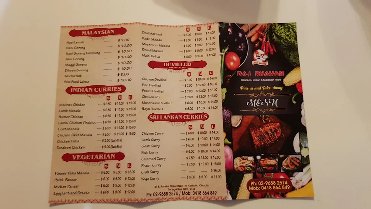 Menu, Raj Bhavan Take Away and Dine In