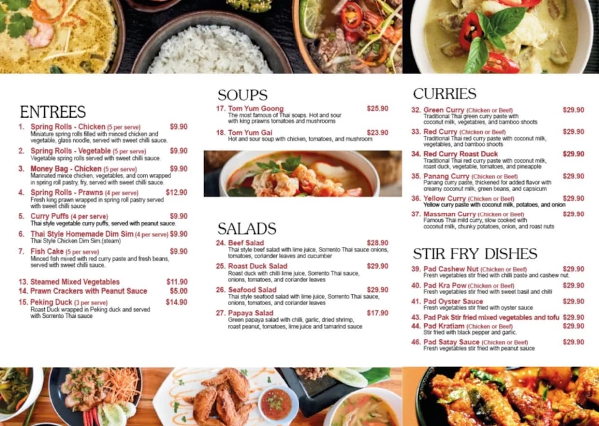 Menu, Sorrento Thai