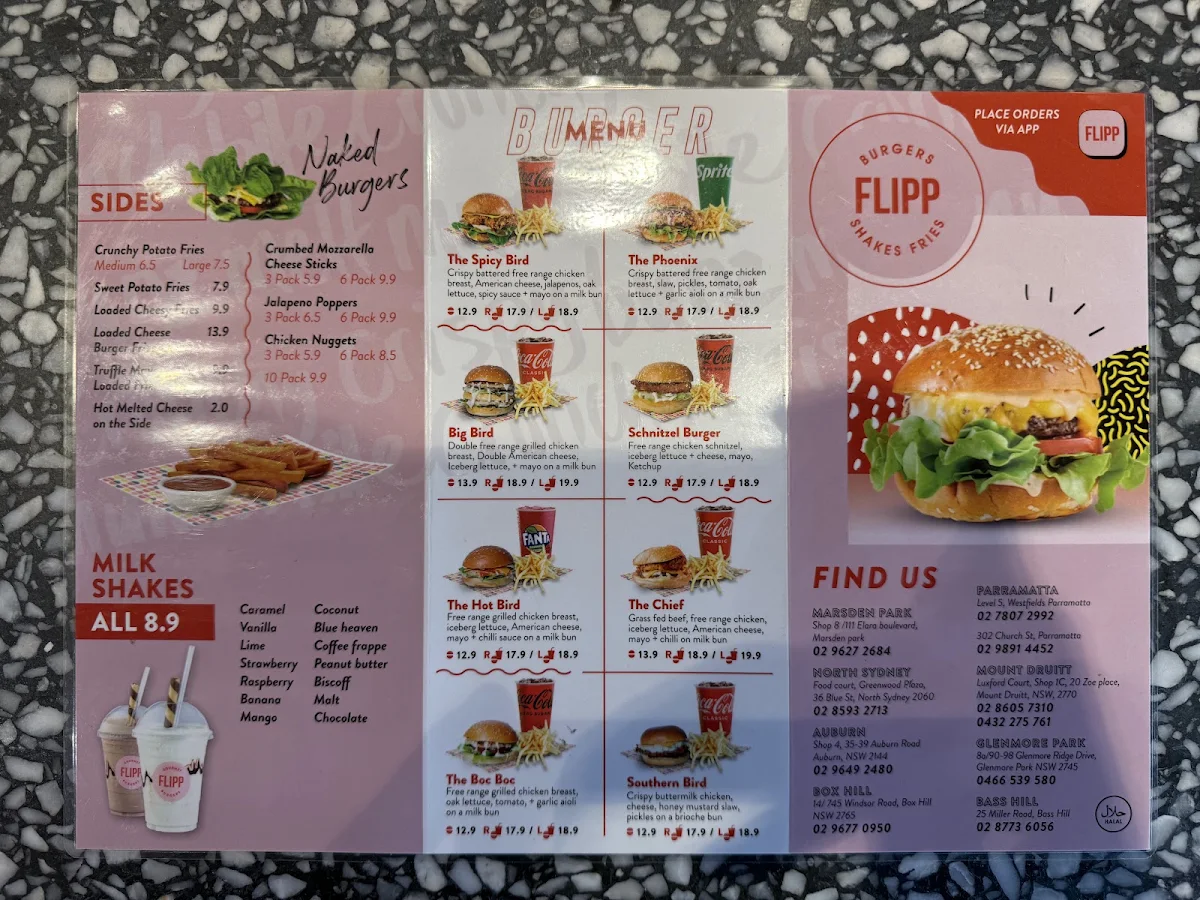 Menu, Flipp Burgers | Elara Village