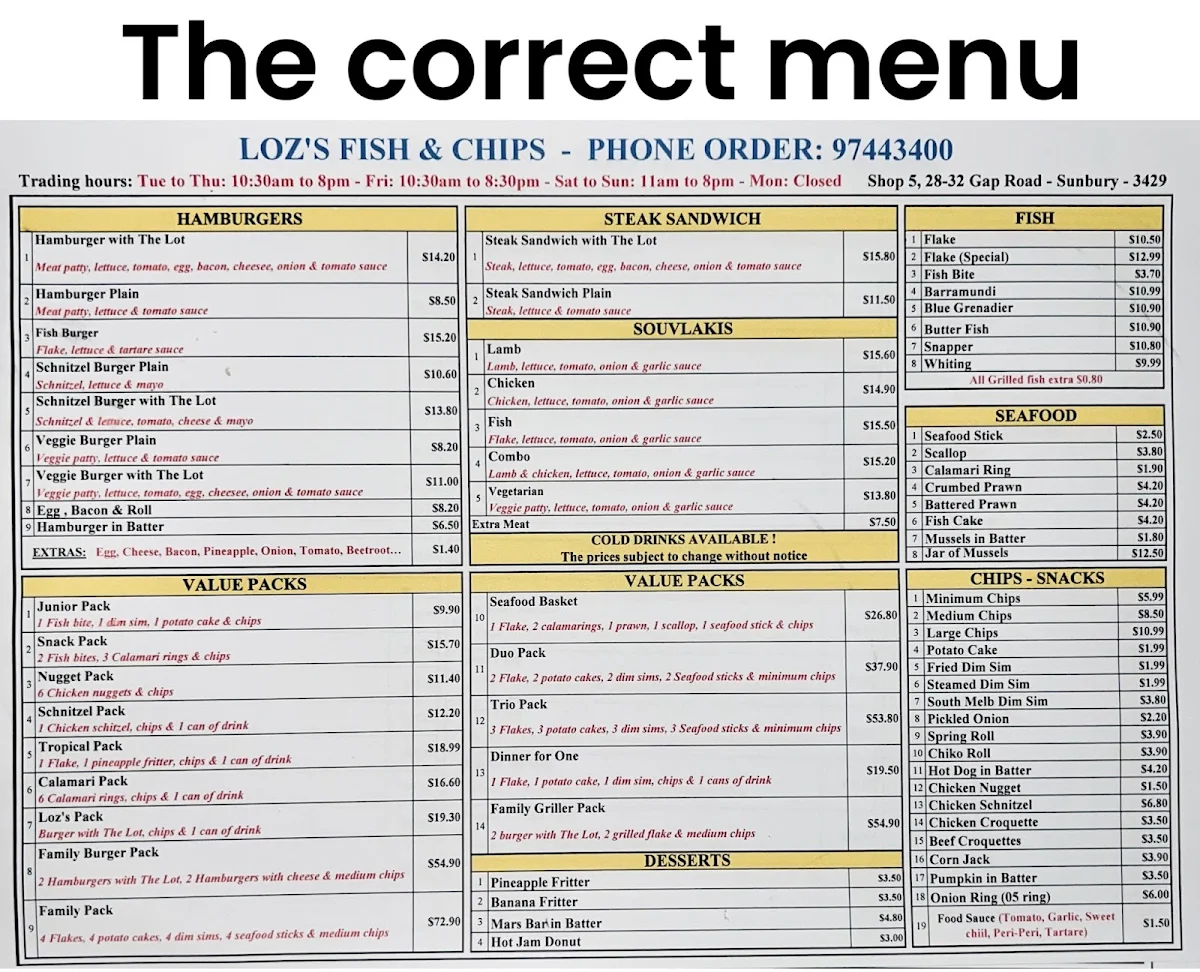 Menu, Loz's Fish & Chips