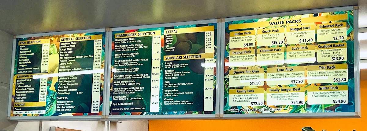 Menu, Loz's Fish & Chips