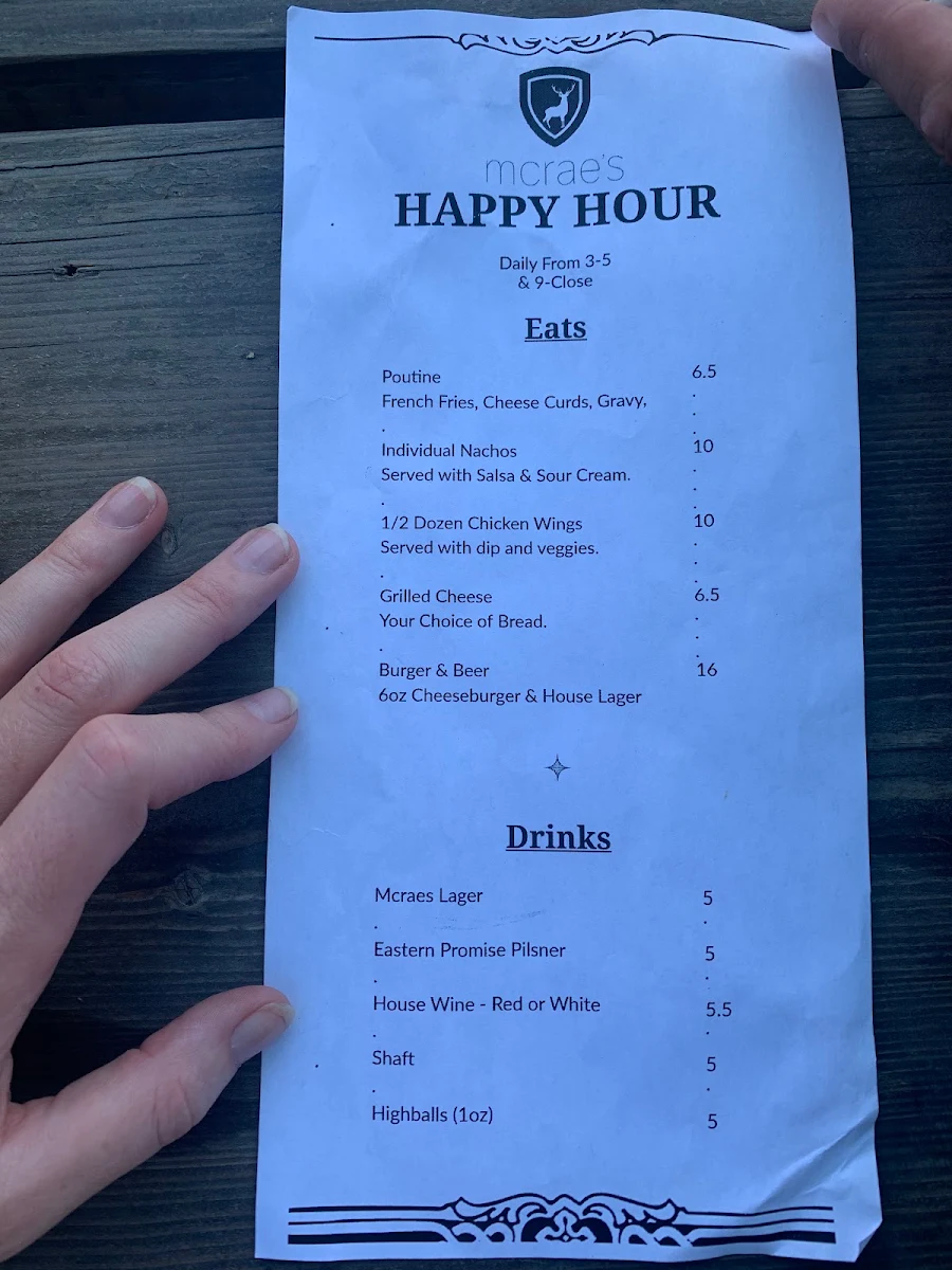 Menu, McRae's Restaurant Ltd