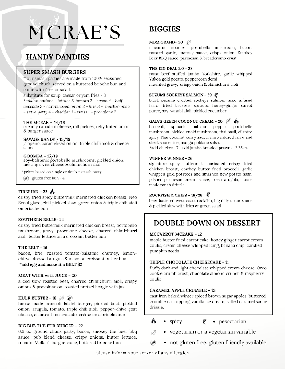 Menu, McRae's Restaurant Ltd