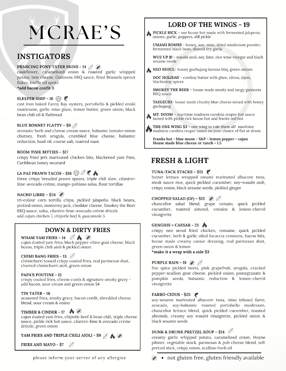 Menu, McRae's Restaurant Ltd