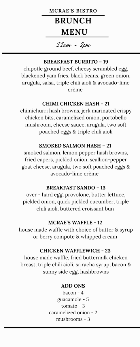 Menu, McRae's Restaurant Ltd