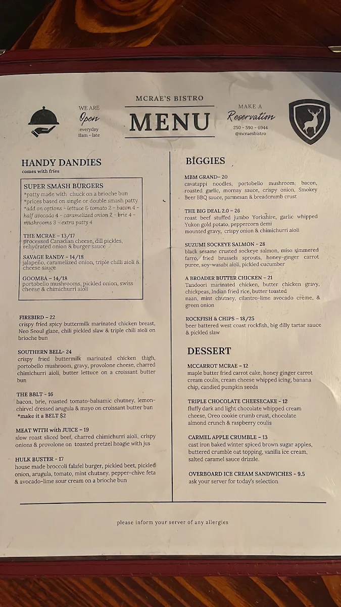 Menu, McRae's Restaurant Ltd