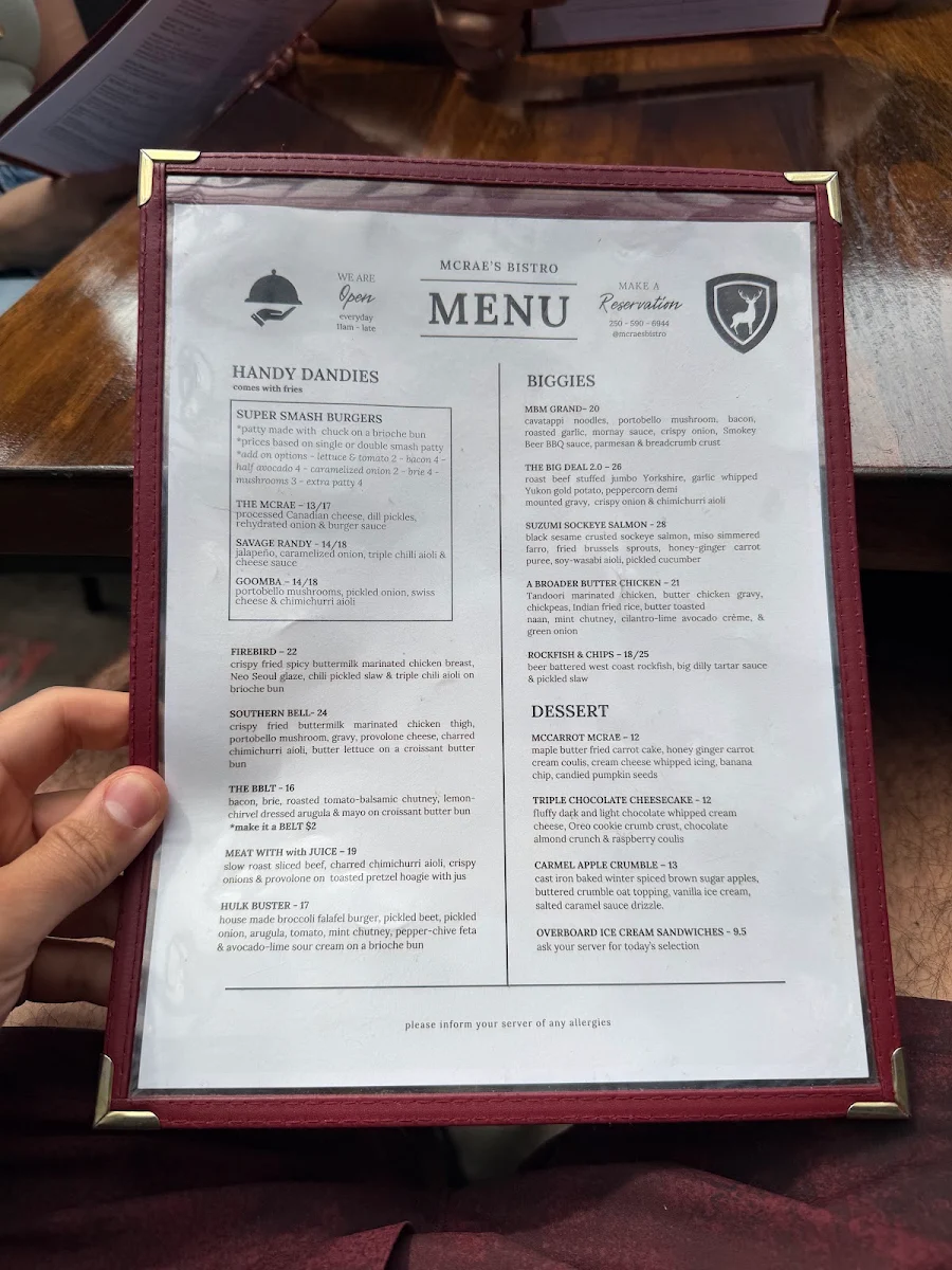 Menu, McRae's Restaurant Ltd
