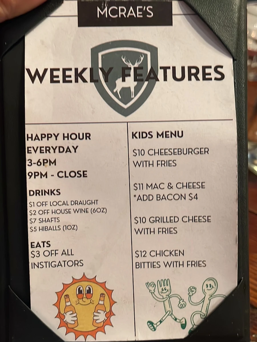 Menu, McRae's Restaurant Ltd