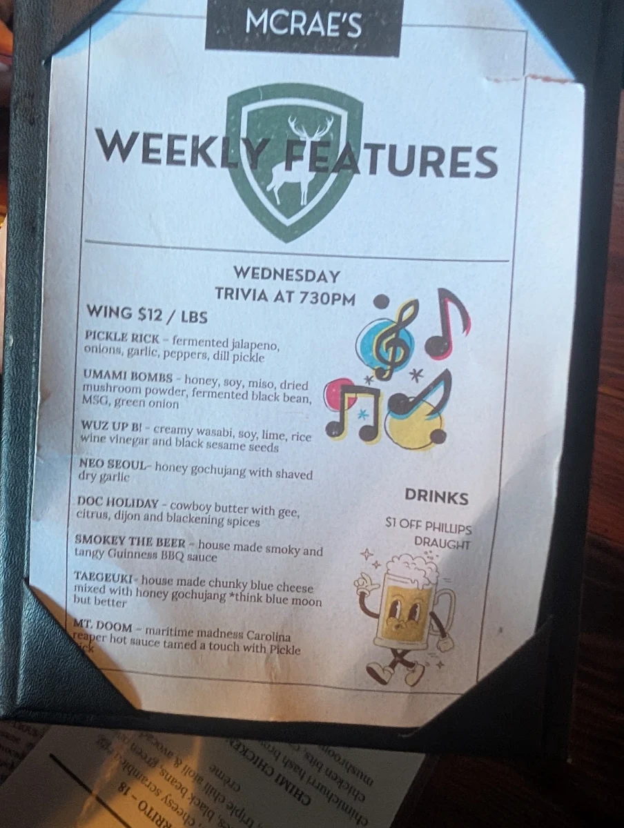 Menu, McRae's Restaurant Ltd