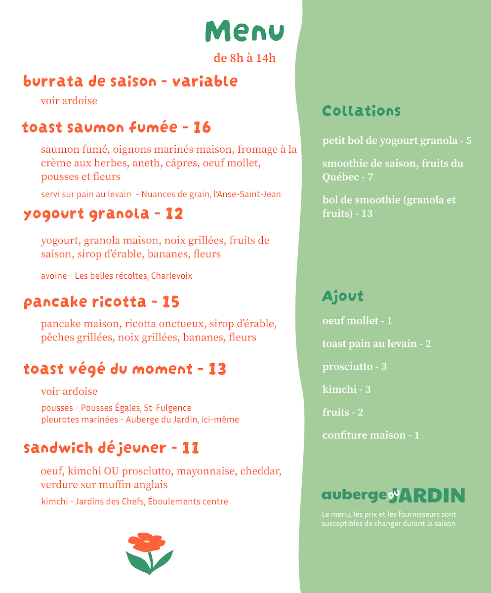 Menu, Côté Jardin | Café, restaurant de l'Auberge du Jardin | Brunch et Apéro