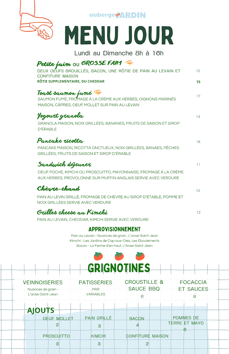 Menu, Côté Jardin | Café, restaurant de l'Auberge du Jardin | Brunch et Apéro