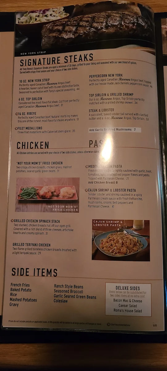 Menu, Tony Roma's