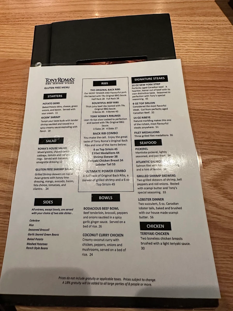 Menu, Tony Roma's