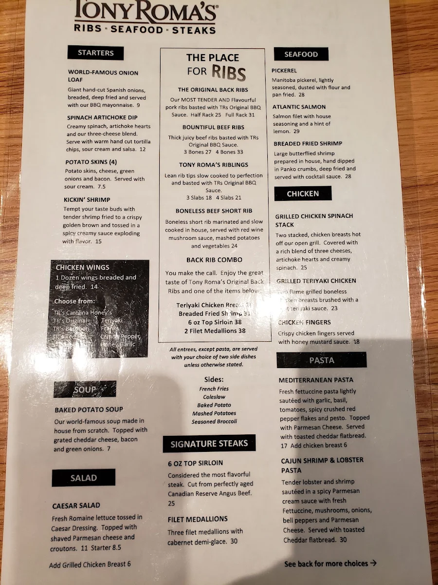 Menu, Tony Roma's