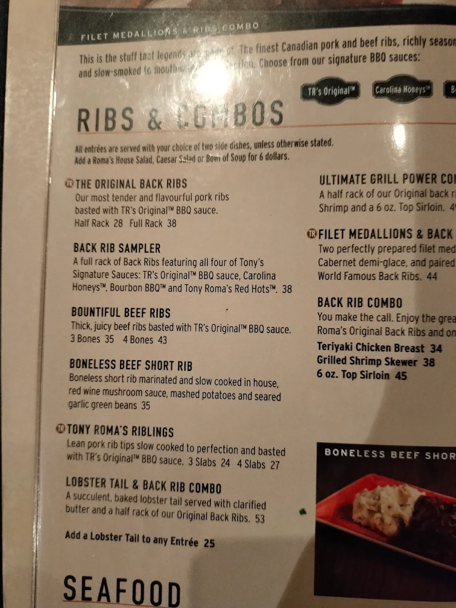 Menu, Tony Roma's