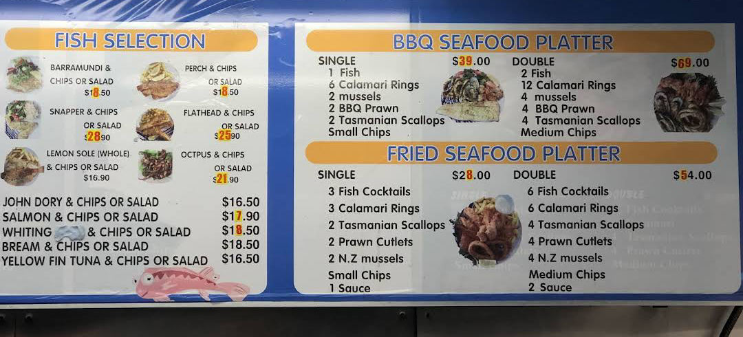 Menu, Mona Vale Seafood