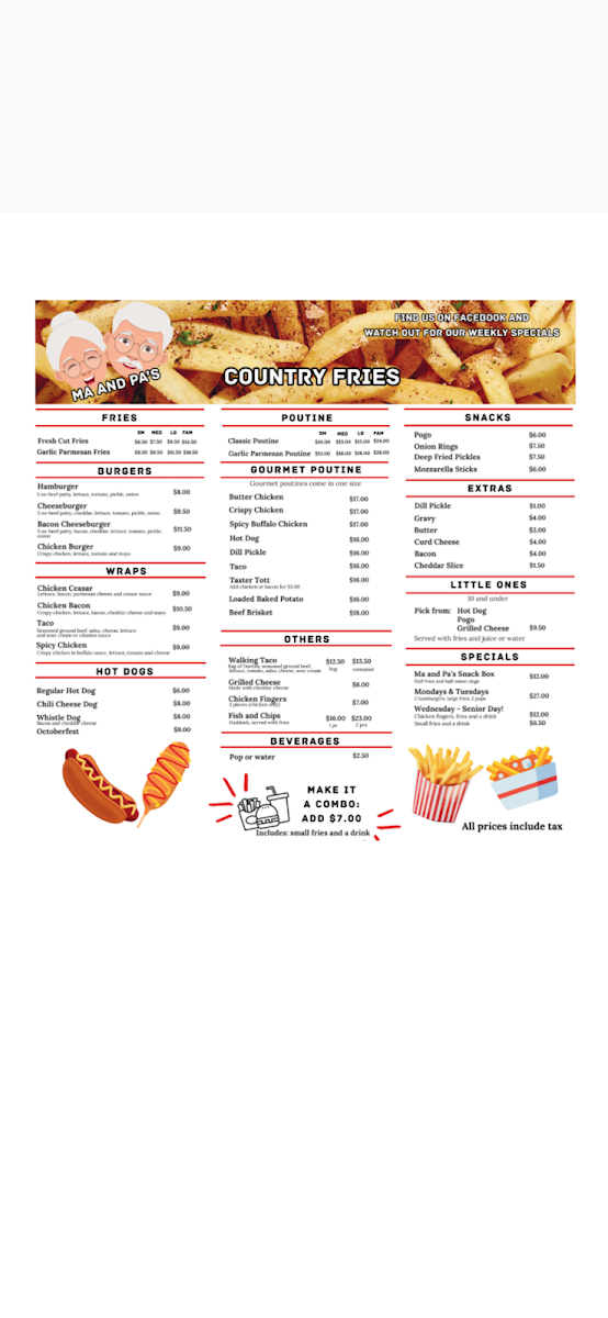Menu, Ma and pas Country Fries Chip Wagon