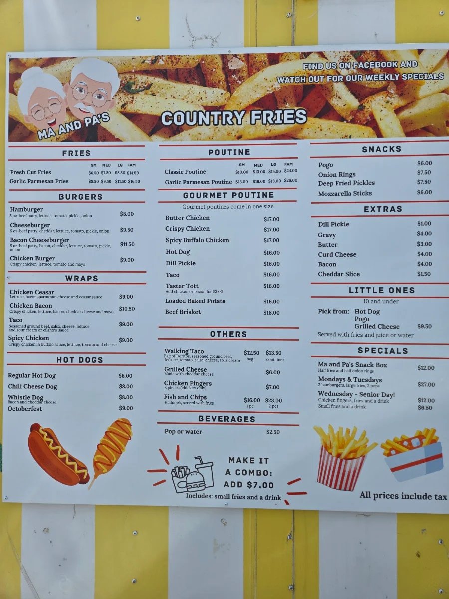 Menu, Ma and pas Country Fries Chip Wagon