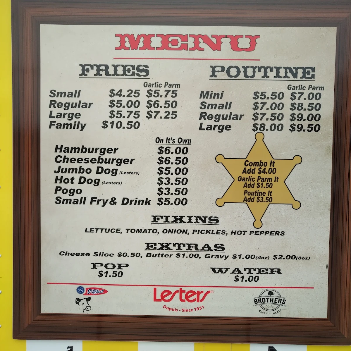 Menu, Ma and pas Country Fries Chip Wagon
