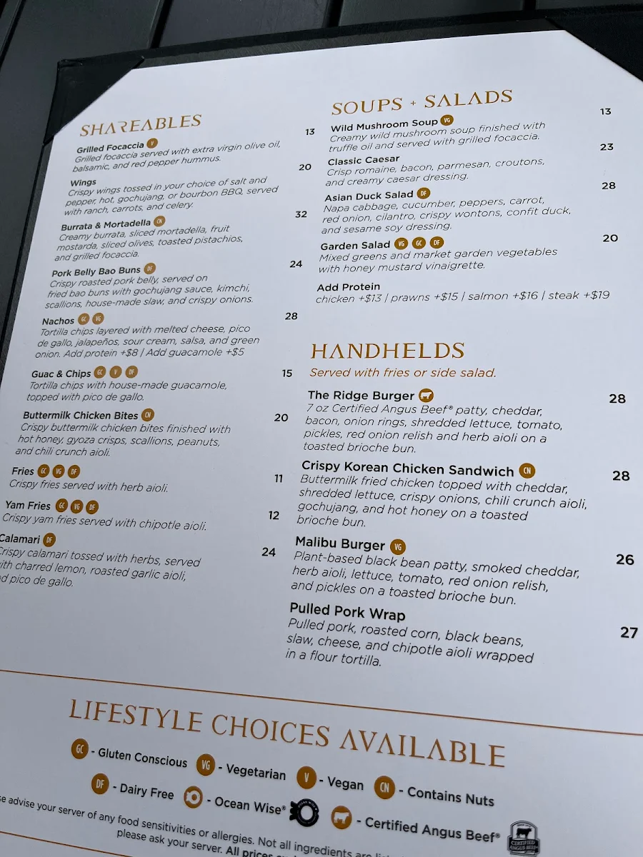 Menu, RANGE restaurant, bar + patio