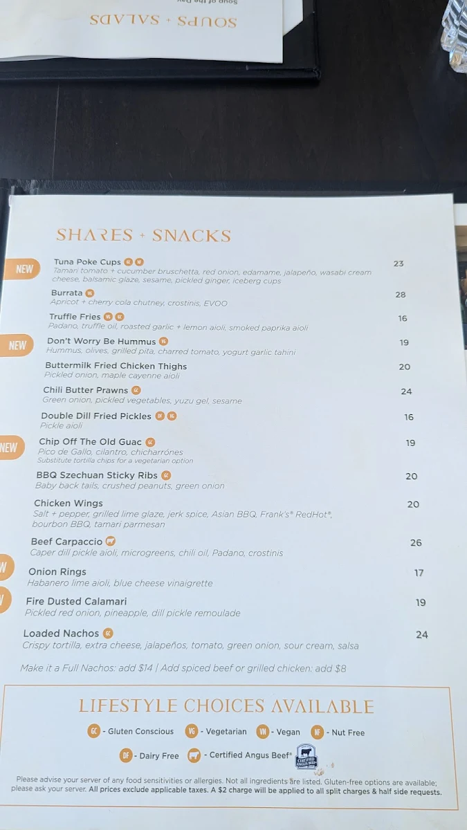 Menu, RANGE restaurant, bar + patio