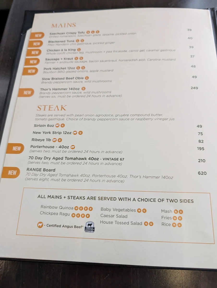 Menu, RANGE restaurant, bar + patio