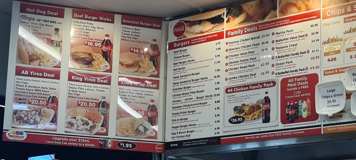 Menu, Stanleys Chicken Burgers Seafood