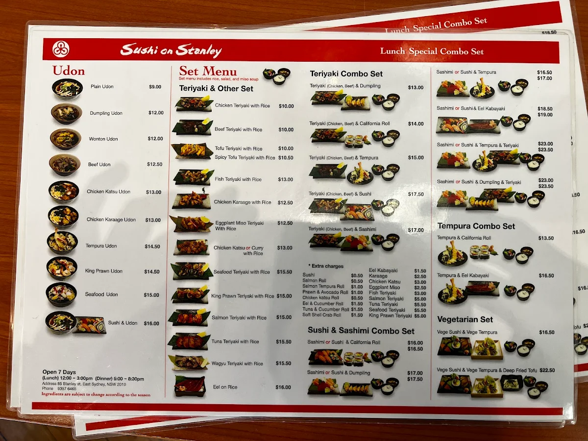 Menu, Sushi on Stanley