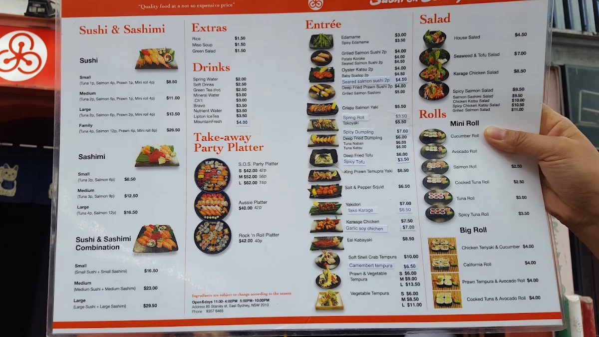 Menu, Sushi on Stanley
