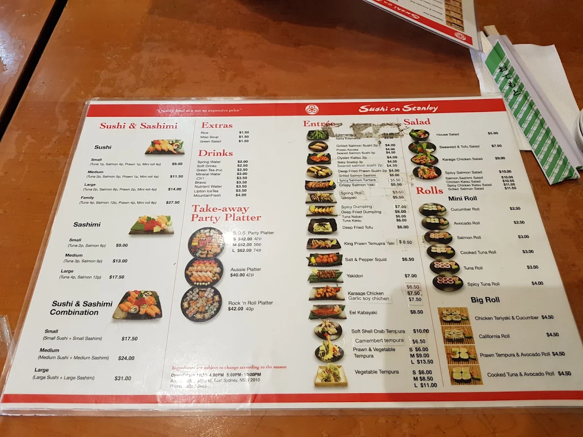 Menu, Sushi on Stanley