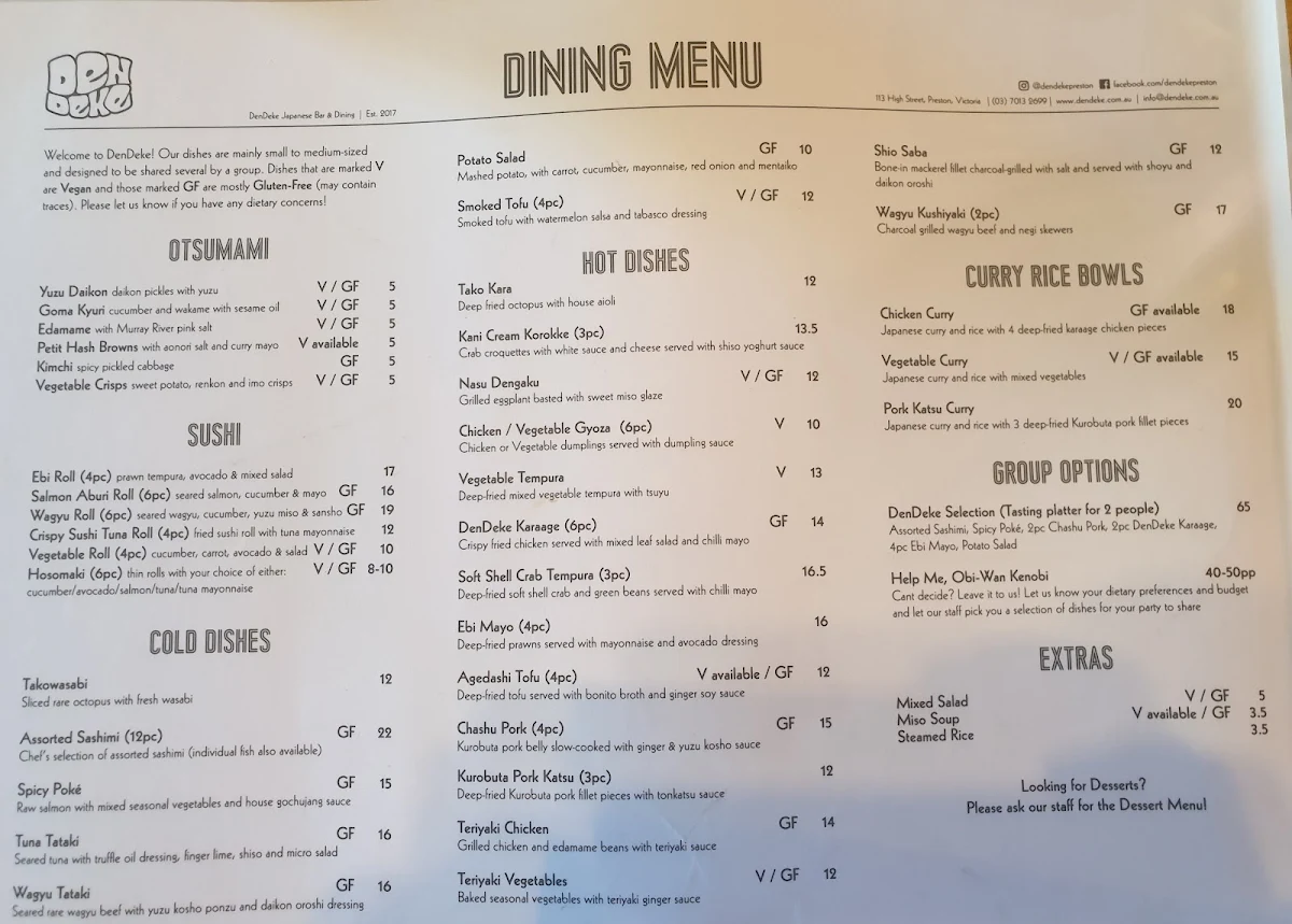 Menu, DenDeke Japanese Bar & Dining