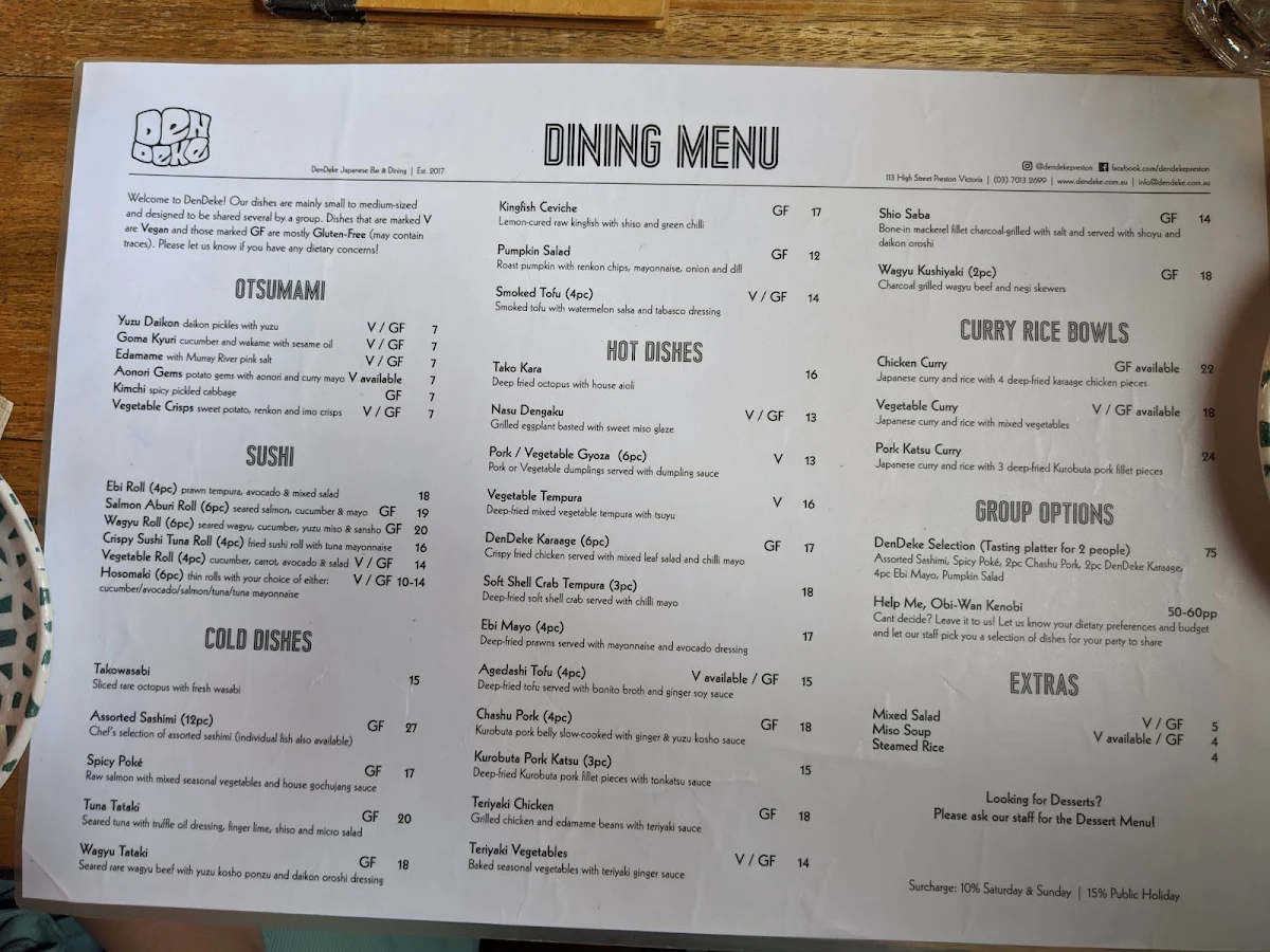 Menu, DenDeke Japanese Bar & Dining