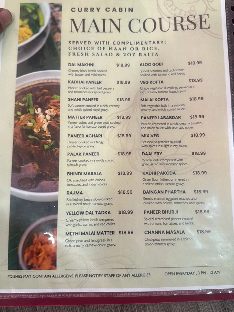 Menu, Curry Cabin