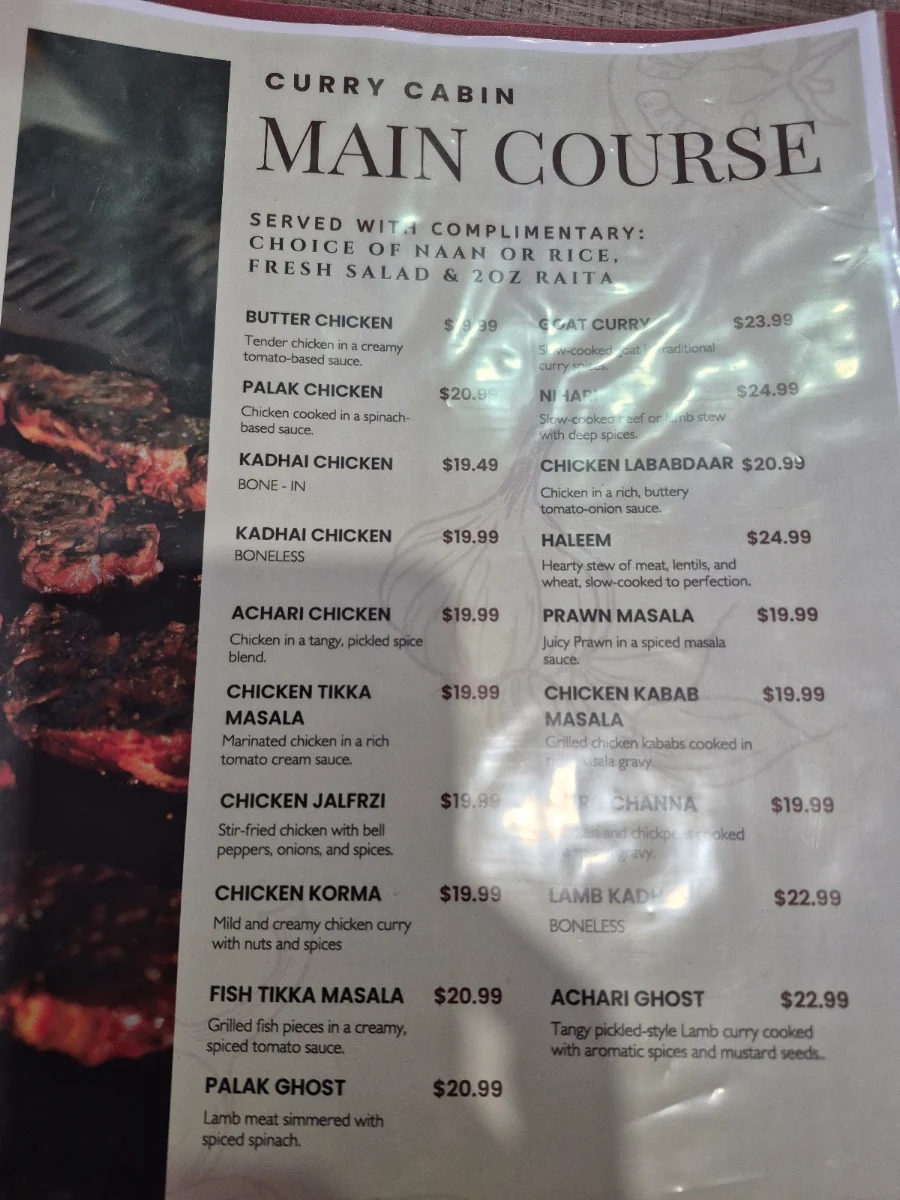 Menu, Curry Cabin