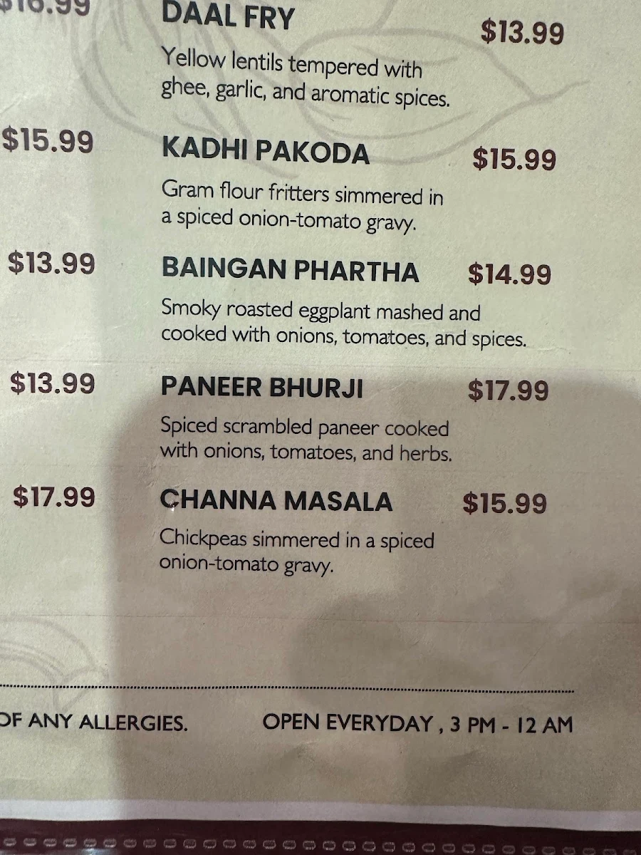 Menu, Curry Cabin