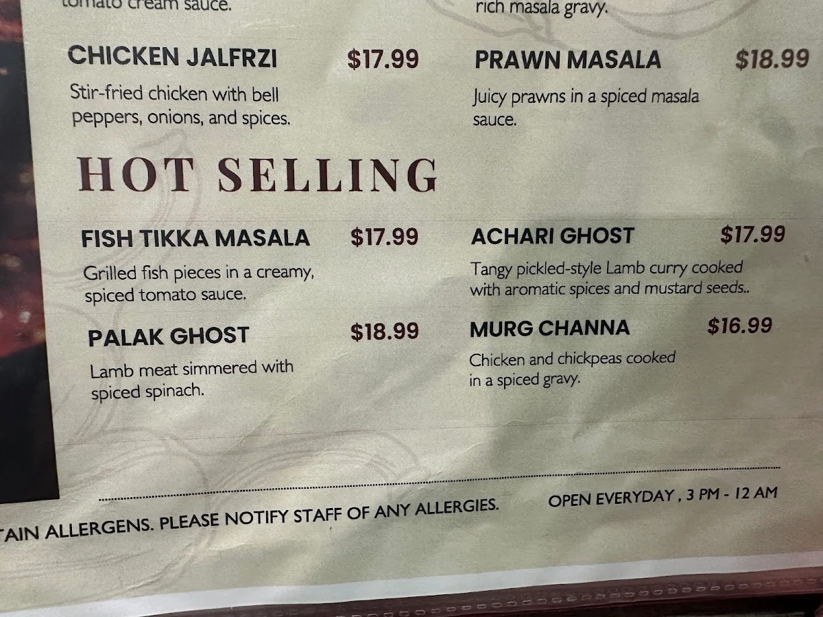 Menu, Curry Cabin