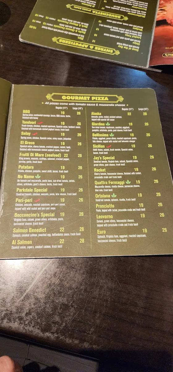 Menu, Bocconcino's Woodfired Pizzeria