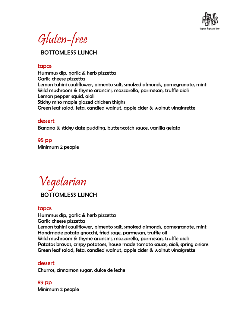 Menu, Four Hands Tapas & Pizza Restaurant