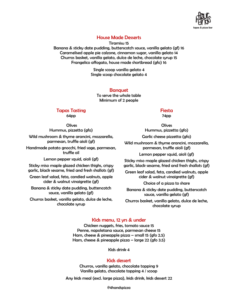 Menu, Four Hands Tapas & Pizza Restaurant